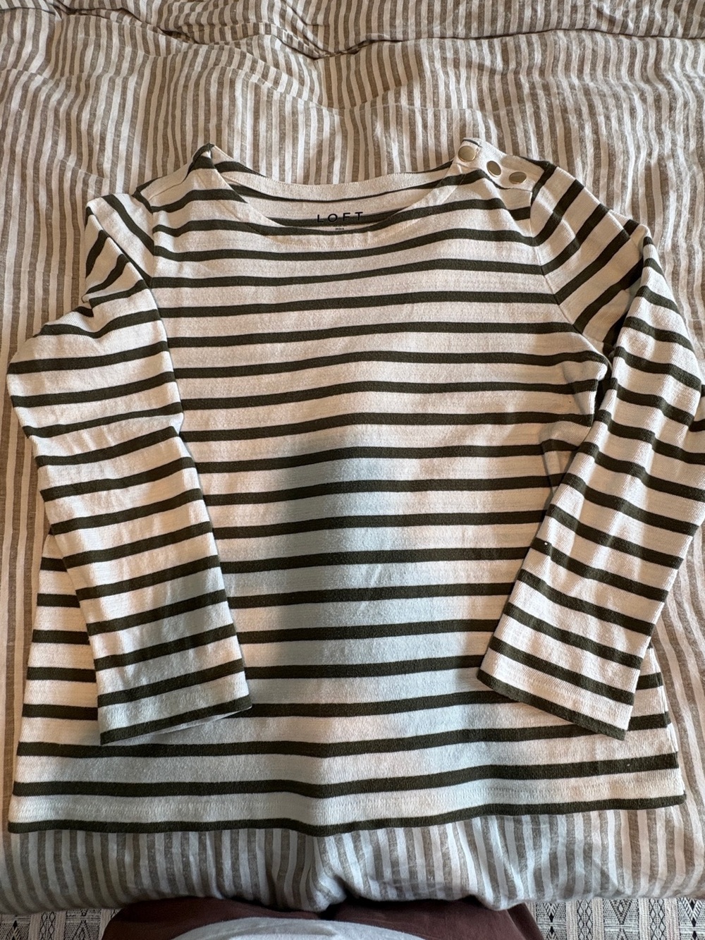 LOFT Cream and Olive Striped Long-Sleeve Top